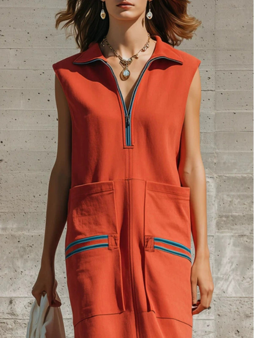FOREVER 21 Retro Orange Striped Half Zip Sleeveless Long Sports Dress